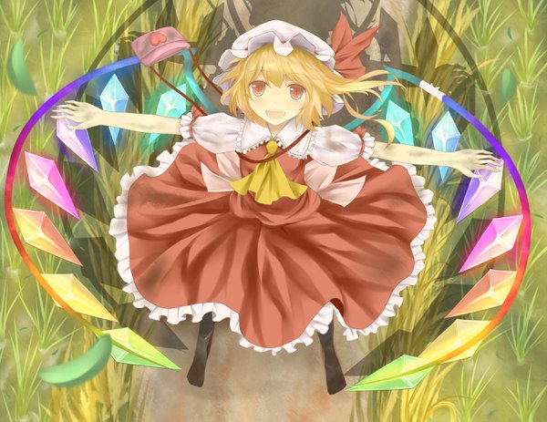 Anime picture 1500x1158 with touhou flandre scarlet bunchou (bunchou3103) single short hair blonde hair red eyes spread arms girl dress plant (plants) wings grass bonnet crystal