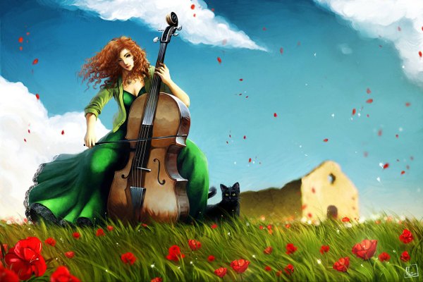 Anime picture 1280x854 with the lord of paderne rita phungdinhdung ruins playing instrument curly hair field music girl dress flower (flowers) petals cat musical instrument cello