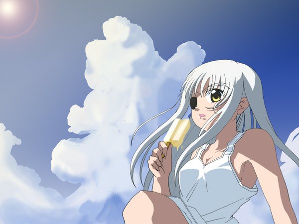 Anime picture 1024x768 with mahou shoujo lyrical nanoha mahou shoujo lyrical nanoha strikers cinque long hair yellow eyes sky cloud (clouds) white hair wallpaper girl dress eyepatch sun popsicle
