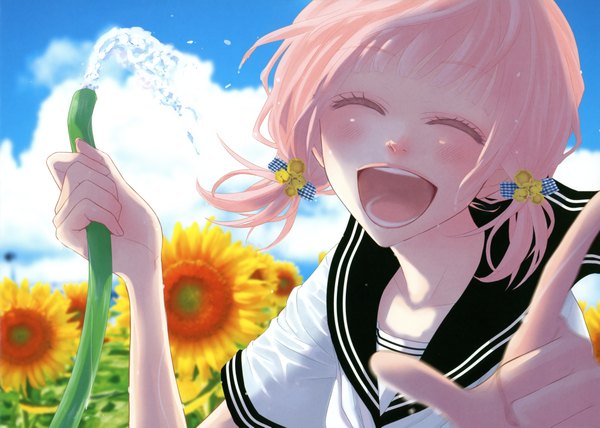 Anime picture 4031x2881 with vocaloid just be friends (vocaloid) megurine luka yunomi (yunomi imonuy) single blush highres short hair smile twintails pink hair absurdres sky eyes closed low twintails happy alternate hairstyle pointing laughing girl