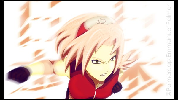 Anime picture 2120x1200 with naruto studio pierrot naruto (series) haruno sakura palmereap single highres short hair blonde hair wide image green eyes coloring light face angry girl bandana fist