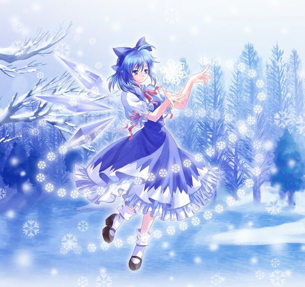 Anime picture 1100x1035 with touhou cirno pico (picollector79) single short hair blue eyes blue hair snowing winter snow girl bow ribbon (ribbons) plant (plants) hair bow wings tree (trees) branch snowflake (snowflakes)