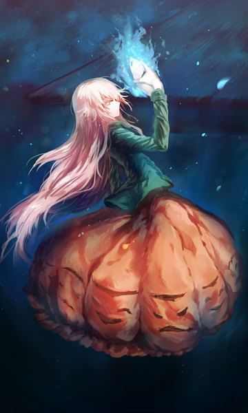 Anime picture 691x1152 with touhou hata no kokoro dqn (dqnww) single long hair tall image pink hair profile pink eyes glowing dark background girl skirt shirt mask long skirt