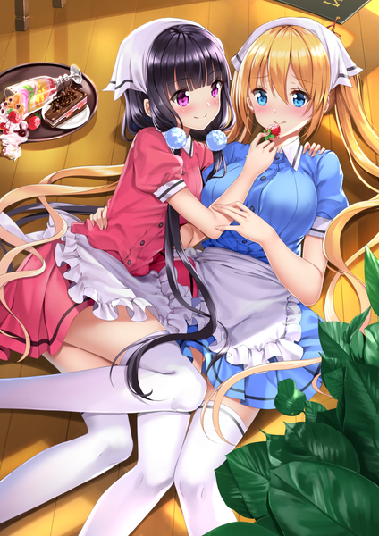 Anime picture 1102x1560 with blend s a-1 pictures sakuranomiya maika hinata kaho swordsouls long hair tall image blush fringe breasts blue eyes black hair blonde hair smile hair between eyes twintails multiple girls bent knee (knees) lying pink eyes