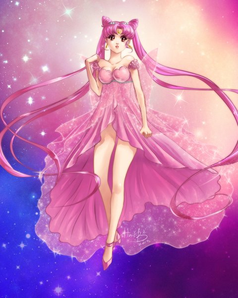 Anime picture 900x1125 with bishoujo senshi sailor moon toei animation chibiusa princess usagi small lady haloblabla single tall image red eyes twintails looking away pink hair bent knee (knees) very long hair bare legs hair bun (hair buns) space adjusting clothes girl dress earrings