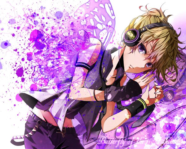 Anime picture 2000x1600 with vocaloid magnet (vocaloid) migikata no chou (vocaloid) kagamine len nou highres blonde hair purple eyes lying wallpaper reflection insect wings butterfly wings boy detached sleeves headphones wire (wires) wristlet