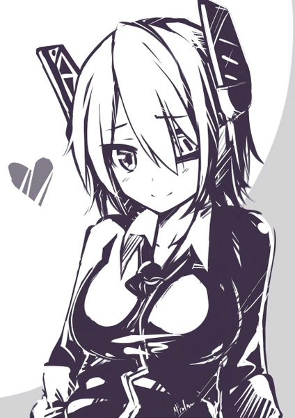 Anime picture 900x1272 with kantai collection tenryuu light cruiser mmrailgun single tall image looking at viewer blush short hair smile signed monochrome girl heart eyepatch