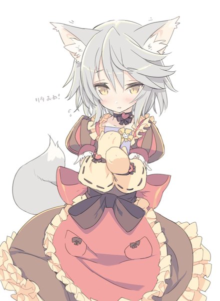 Anime picture 600x818 with pop-up story rita drake blade (galaxist) single tall image blush fringe short hair hair between eyes holding animal ears yellow eyes tail animal tail light smile grey hair maid text looking down wolf ears