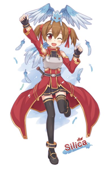 Anime picture 900x1400 with sword art online a-1 pictures silica pina (sao) npcpepper single tall image blush fringe short hair red eyes brown hair white background twintails bare shoulders pleated skirt one eye closed wink zettai ryouiki outstretched arm