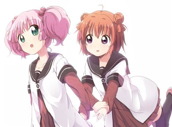 Anime picture 1200x886 with yuru yuri doga kobo akaza akari yoshikawa chinatsu tata (tataice) blush short hair open mouth simple background white background purple eyes twintails multiple girls green eyes pink hair ahoge orange hair holding hands short twintails girl