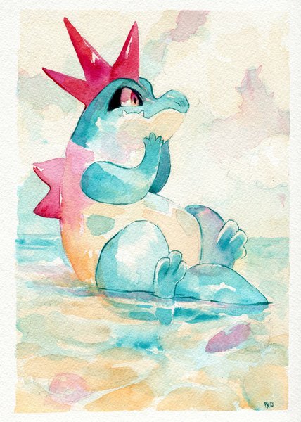 Anime picture 1280x1793 with pokemon nintendo croconaw glitchedpuppet single tall image sitting profile no people traditional media watercolor (medium) gen 2 pokemon animal pokemon (creature) reptile crocodile