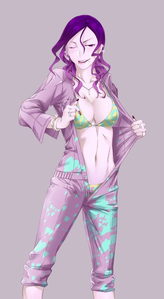 Anime picture 1000x1824 with original arizuka (catacombe) long hair tall image breasts light erotic simple background standing purple eyes purple hair nail polish one eye closed multicolored hair fingernails wink mole piercing wavy hair gradient hair long fingernails
