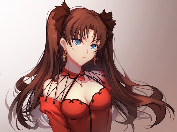 Anime picture 1072x800 with fate (series) fate/grand order toosaka rin formalcraft minhoo single long hair blue eyes simple background brown hair twintails looking away cleavage upper body girl dress bow hair bow earrings red dress