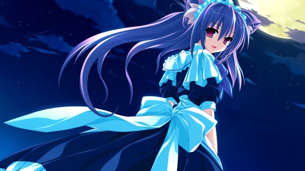 Anime picture 1280x720 with tiny dungeon (game) rosebleu single long hair red eyes wide image animal ears game cg purple hair cloud (clouds) looking back cat ears night girl bow moon