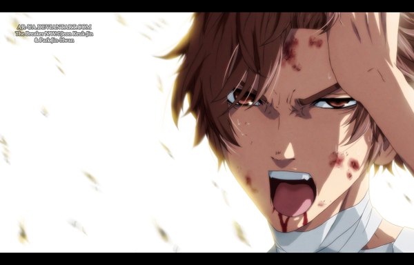 Anime picture 1280x820 with the breaker shi-woon yi ar-ua single short hair open mouth simple background brown hair white background brown eyes coloring close-up angry boy blood bandage (bandages)
