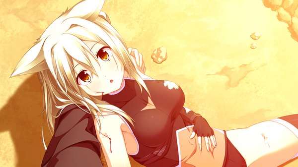 Anime picture 1280x720 with endless dungeon nico temple kinta (distortion) long hair looking at viewer open mouth wide image animal ears game cg white hair cat ears orange eyes girl gloves fingerless gloves blood