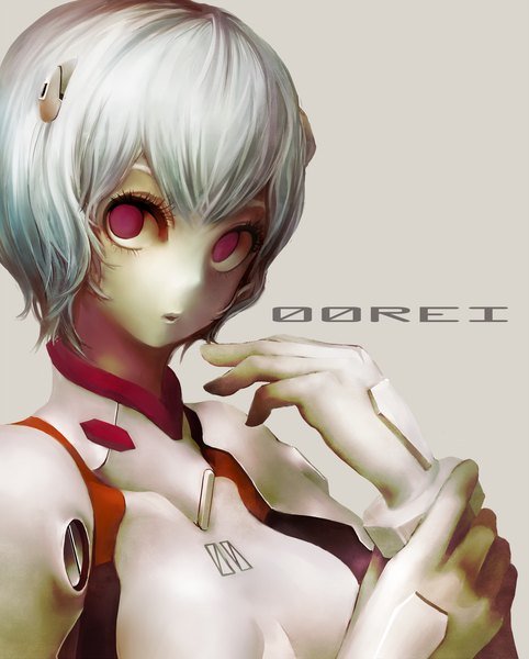 Anime picture 1125x1400 with neon genesis evangelion gainax ayanami rei ucmm (artist) single tall image short hair simple background purple eyes silver hair girl bodysuit pilot suit
