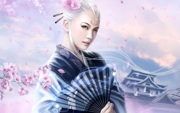 Anime picture 2240x1400 with legend of the five rings kakita taminoko mario wibisono (raynkazuya) long hair highres blue eyes wide image white hair japanese clothes hair flower lips realistic wallpaper cherry blossoms girl hair ornament ribbon (ribbons) animal petals kimono