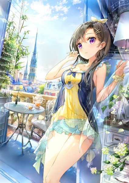 Anime picture 672x950 with original fuumi (radial engine) single long hair tall image black hair purple eyes sky cloud (clouds) girl flower (flowers) bow hair bow petals cup teapot