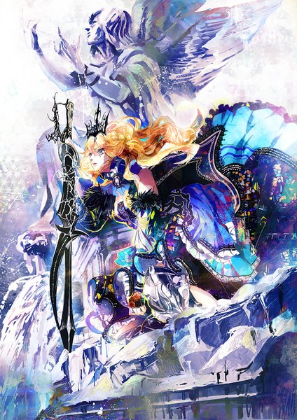Anime picture 1300x1838 with original alyssa long hair tall image blue eyes blonde hair looking away long sleeves parted lips outstretched arm wavy hair girl dress weapon detached sleeves sword wings crown huge weapon huge sword