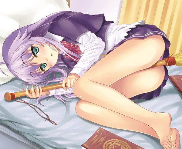 Anime picture 1200x985 with original rasahan (artist) long hair blush green eyes purple hair lying barefoot girl broom