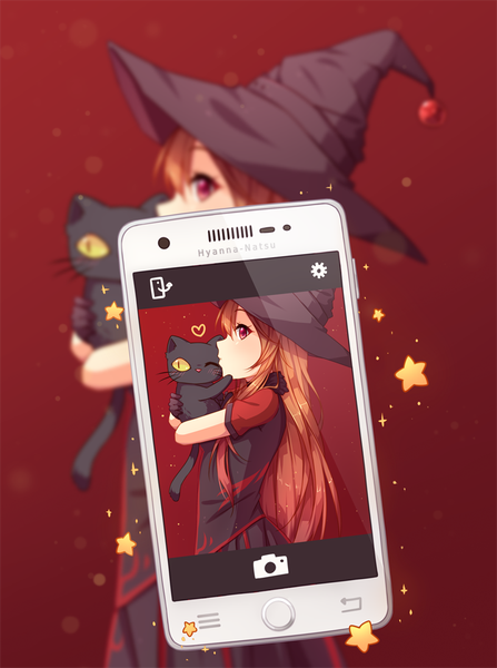 Anime picture 716x960 with original hyanna-natsu long hair tall image brown hair yellow eyes profile one eye closed pink eyes wink red background girl hat animal star (symbol) cat witch hat mobile phone smartphone