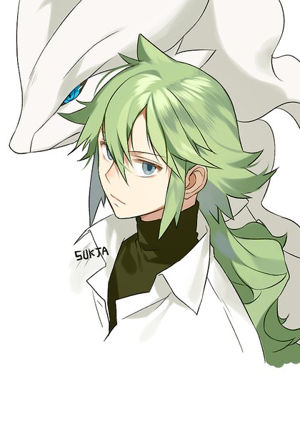 Anime picture 700x1000 with pokemon pokemon black and white nintendo n (pokemon) reshiram sorolp long hair tall image looking at viewer fringe simple background hair between eyes white background signed payot green hair grey eyes portrait low ponytail gen 5 pokemon