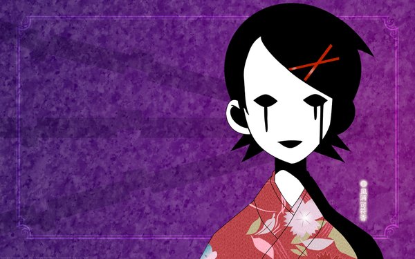 Anime picture 1920x1200 with sayonara zetsubou sensei shaft (studio) fuura kafuka single highres short hair black hair simple background wide image japanese clothes inscription tears hieroglyph girl hair ornament kimono bobby pin x hair ornament