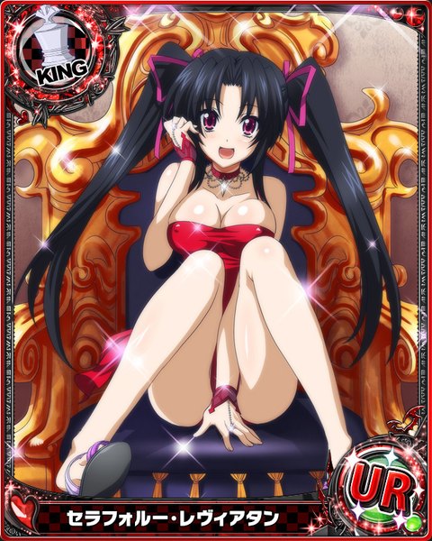 Anime picture 640x800 with highschool dxd serafall leviathan single long hair tall image looking at viewer blush breasts open mouth light erotic black hair sitting purple eyes twintails cleavage card (medium) girl dress ribbon (ribbons) hair ribbon