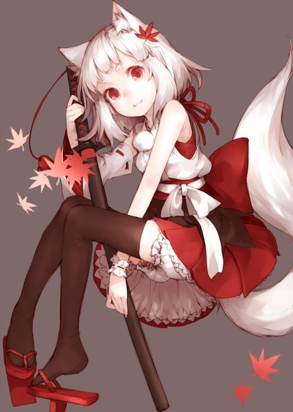 Anime picture 1140x1600 with touhou inubashiri momiji junwool single tall image looking at viewer fringe short hair simple background red eyes bare shoulders animal ears white hair grey background wolf ears wolf tail girl thighhighs black thighhighs detached sleeves