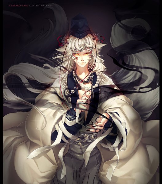 Anime picture 900x1024 with original claparo-sans long hair tall image fringe animal ears yellow eyes white hair tail nail polish traditional clothes japanese clothes animal tail fingernails inscription open clothes facial mark dark background smoke long fingernails