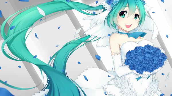 Anime picture 1920x1080 with vocaloid hatsune miku jie single looking at viewer fringe highres open mouth smile hair between eyes wide image twintails bare shoulders very long hair aqua eyes wind aqua hair teeth wallpaper girl