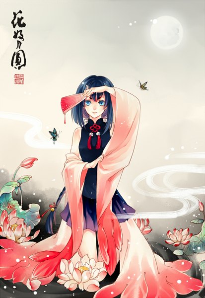 Anime picture 800x1162 with original kangetsu (fhalei) single tall image looking at viewer short hair blue eyes bare shoulders blue hair girl skirt flower (flowers) insect butterfly fan