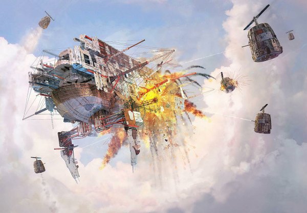 Anime picture 1297x900 with original arsenixc sky cloud (clouds) flying battle explosion weapon gun fire aircraft airship propeller
