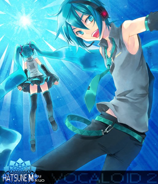 Anime picture 1181x1378 with vocaloid hatsune miku hatsune mikuo renta (deja-vu) tall image looking at viewer short hair open mouth twintails very long hair looking back aqua eyes from behind aqua hair blue background girl boy detached sleeves necktie headphones