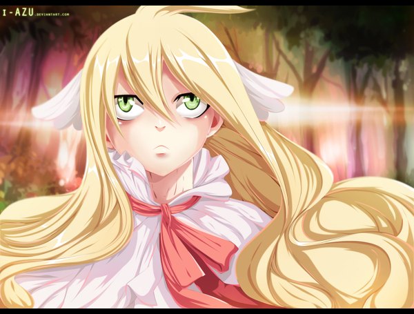 Anime picture 1500x1138 with fairy tail mavis vermillion i-azu single long hair fringe blonde hair green eyes ahoge sunlight coloring portrait letterboxed girl plant (plants) tree (trees) forest