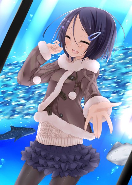 Anime picture 1000x1399 with original nishi minami suterii single tall image blush short hair open mouth black hair eyes closed girl skirt hair ornament miniskirt jacket hairclip fish (fishes) aquarium