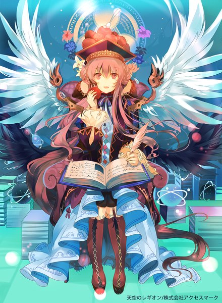 Anime picture 1014x1384 with kirero (pixiv) single tall image open mouth smile pink hair very long hair pink eyes night night sky girl dress wings headdress book (books) thigh boots feather (feathers) fruit apple fork