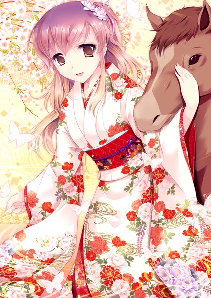 Anime picture 849x1200 with touhou hijiri byakuren cetera single long hair tall image looking at viewer open mouth brown hair brown eyes traditional clothes japanese clothes new year 2014 girl hair ornament flower (flowers) animal kimono obi