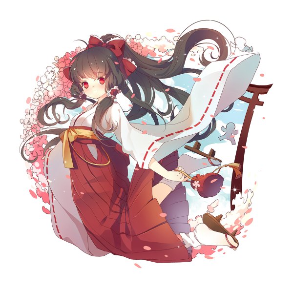 Anime picture 1200x1188 with touhou hakurei reimu miemia single long hair looking at viewer blush black hair red eyes white background full body ponytail traditional clothes miko girl bow hair bow petals socks white socks