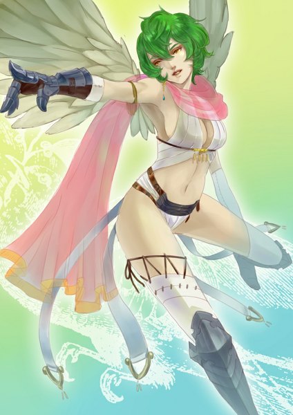 Anime picture 736x1041 with revenge of dragoon single tall image short hair simple background yellow eyes green hair angel wings pointing girl thighhighs gloves navel underwear panties animal white thighhighs wings scarf armor