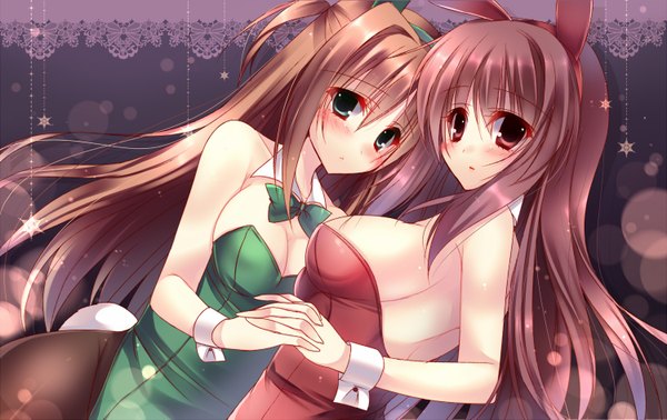 Anime picture 1500x947 with original amane ruri long hair looking at viewer blush breasts open mouth light erotic brown hair bare shoulders multiple girls brown eyes green eyes animal ears cleavage animal tail holding hands bunny girl bunny tail girl