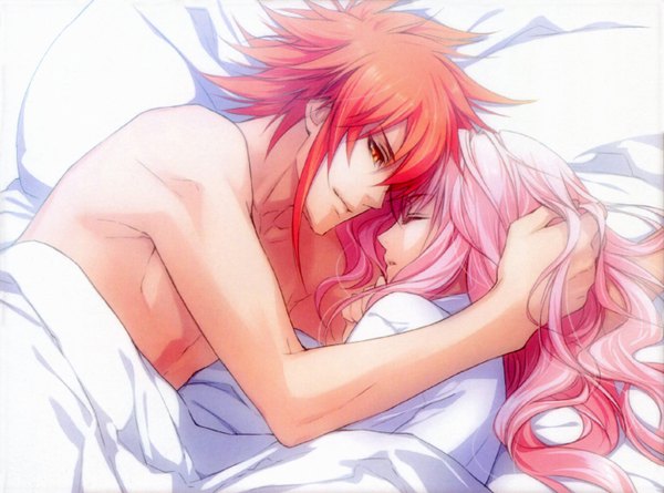 Anime picture 2886x2144 with wand of fortune idea factory lulu (wand of fortune) lagi el nagil usuba kagerou long hair highres short hair light erotic red eyes payot pink hair red hair lying eyes closed profile scan couple wavy hair sleeping
