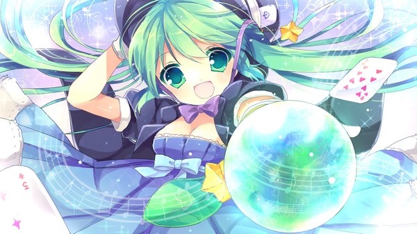 Anime picture 1920x1080 with vocaloid hatsune miku kosuzume single long hair looking at viewer highres open mouth wide image twintails aqua eyes aqua hair sparkle girl dress star (symbol) card (cards) musical note
