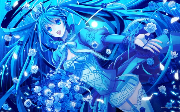 Anime picture 1920x1200 with vocaloid hatsune miku yuuno (yukioka) highres open mouth blue eyes wide image blue hair girl dress flower (flowers) rose (roses)