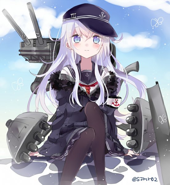 Anime picture 750x815 with kantai collection hibiki destroyer shijima (sjmr02) single long hair tall image blush fringe blue eyes smile hair between eyes sitting sky cloud (clouds) bent knee (knees) white hair pleated skirt girl skirt weapon
