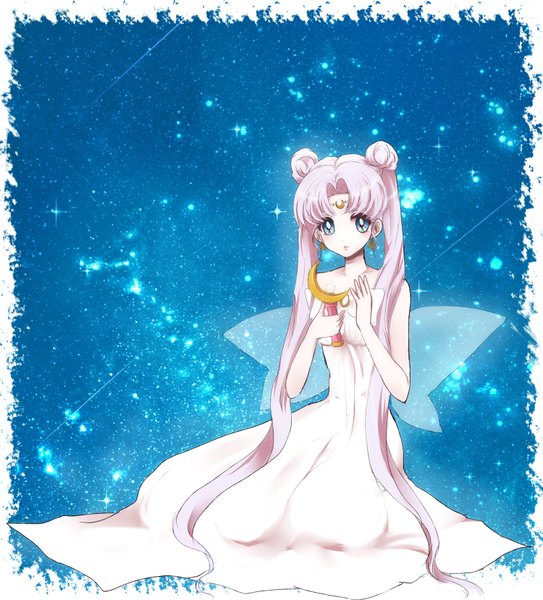 Anime picture 1500x1656 with bishoujo senshi sailor moon toei animation queen serenity kousetsu-star single tall image blue eyes sitting twintails holding sky purple hair very long hair hair bun (hair buns) blue background space shooting star girl dress white dress