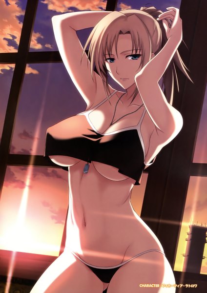 Anime picture 2100x2970 with muv-luv alternative muvluv total eclipse muv-luv fikatsia latrova ishigaki takashi single long hair tall image looking at viewer highres breasts blue eyes light erotic brown hair large breasts standing sky cloud (clouds) ponytail sunlight