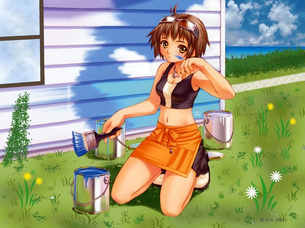 Anime picture 1600x1200 with short hair brown hair yellow eyes kneeling summer painting girl navel flower (flowers) plant (plants) boots window sea pendant grass sunglasses tank top house paintbrush trim brush