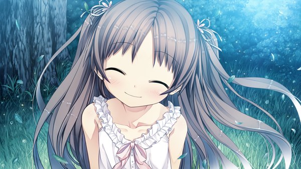 Anime picture 2560x1440 with monobeno sawai natsuha cura single long hair highres smile brown hair wide image twintails game cg eyes closed loli girl leaf (leaves) sundress